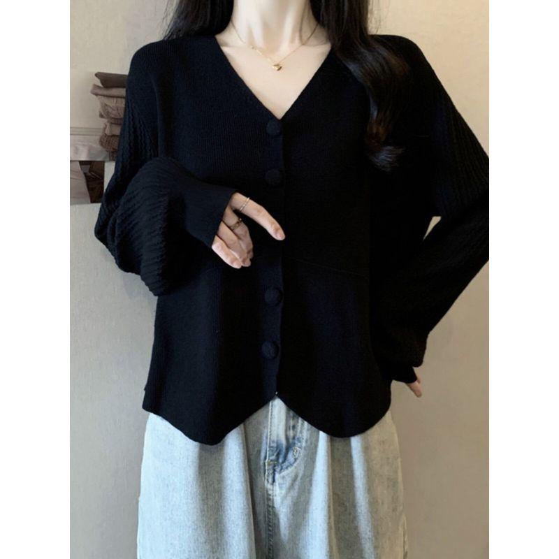 Belly Covering V-neck Single Breasted Loose-Fit Knitting Cardigan