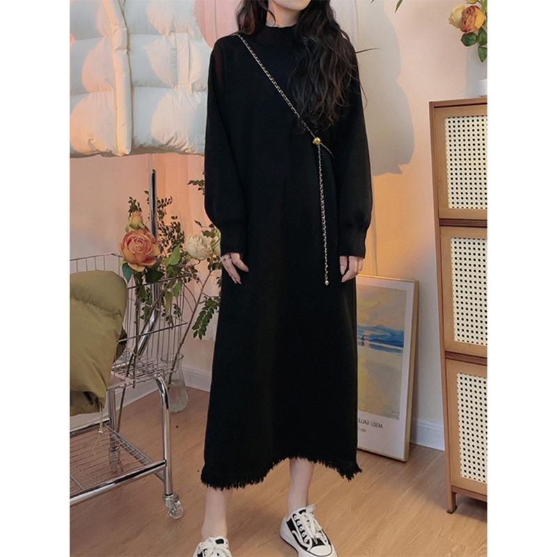 Large Size Fringed Design Over Knee Primer Sweater Skirt Autumn and Winter Knitted Dress Women