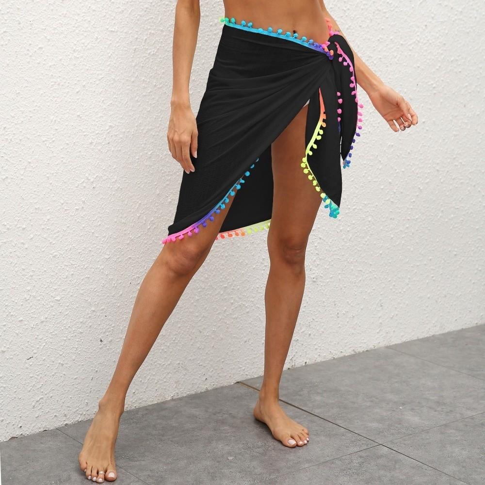 Colorful Pompom Tassel Skirt Bikini Cover Chiffon Swimsuit Sarong Sheer Mesh Skirt Beach Vacation