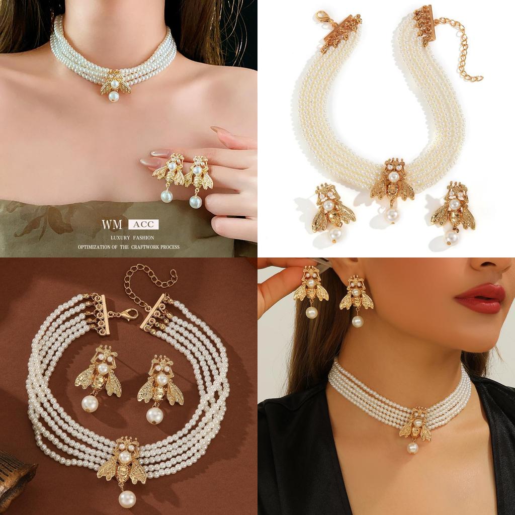 Fashionable Gold Small Bee Necklace And Earring Set With Layered Pearl Design For Women