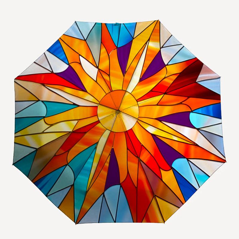 

1pc Stained Glass Sunburst Automatic Folding Umbrella - 8-Rib Compact Travel Umbrella Durable & Portable for Outdoor Use, Perfect Gift for Birthdays