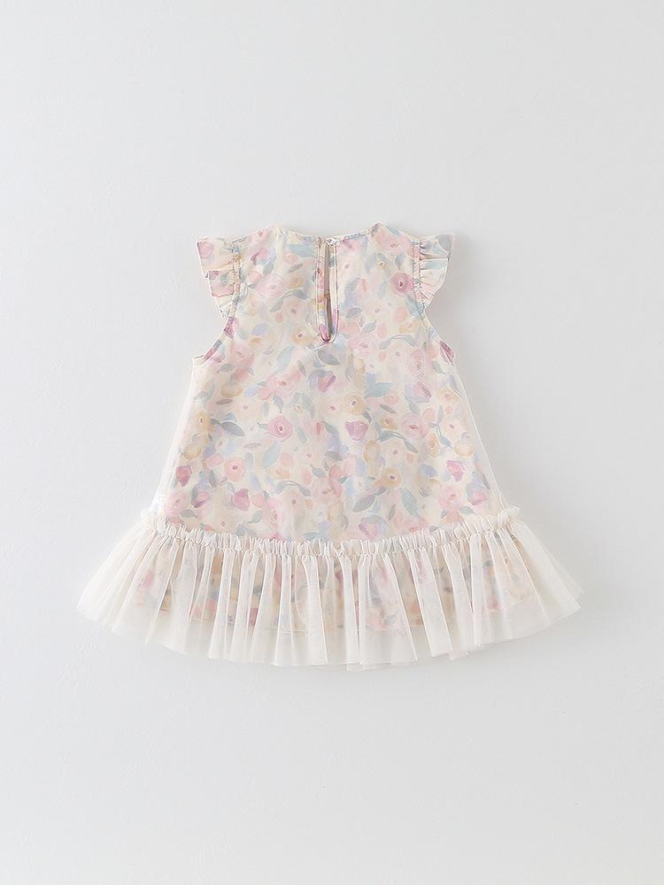 Korean Style Girls' Floral Puff Sleeve Princess Dress with Breathable Mesh Skirt for Infants and Toddlers