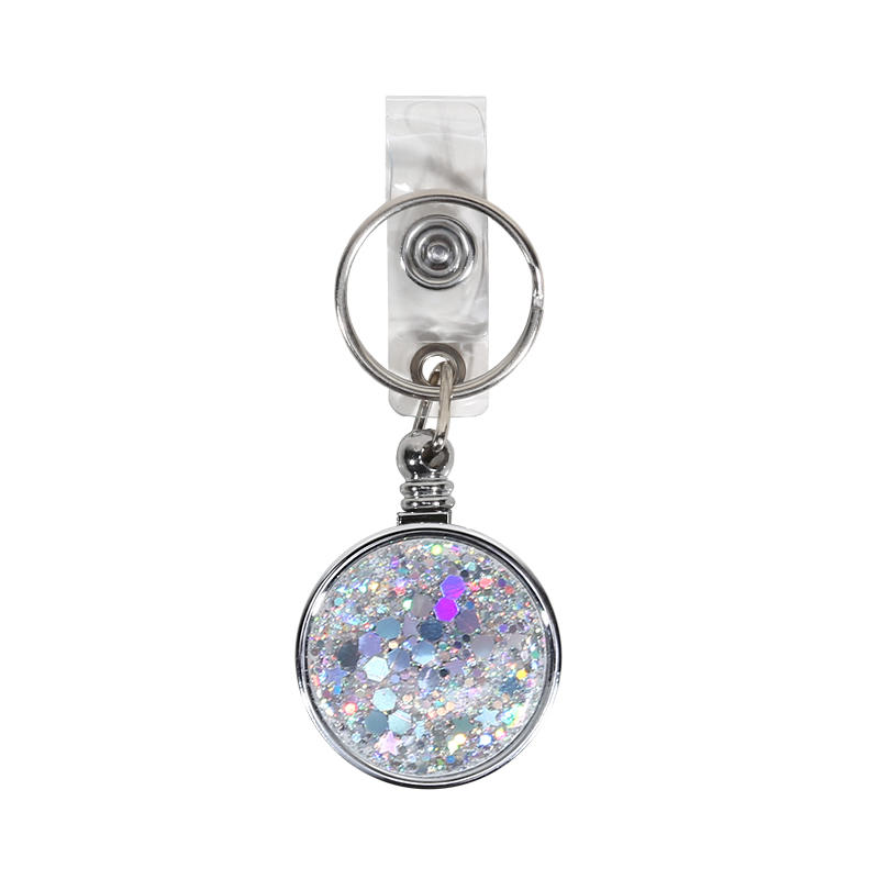 Glitter Epoxy Resin Rotating Retractable Keychain Badge Reel with Sequins Cute Creative Office ID Card Holder Strap