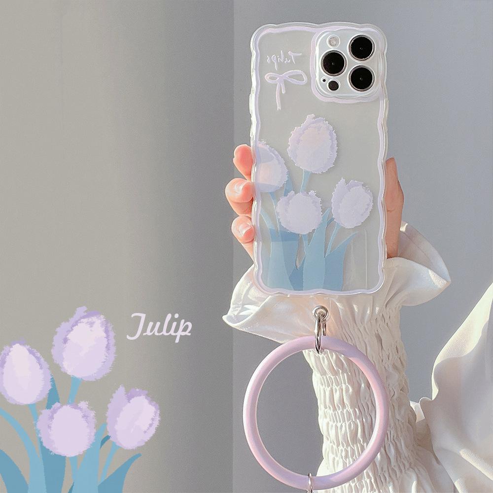 Purple Tulip IPhone 14 Apple 15 Mobile Phone Case 12 Silicone Ring 16 Suitable for 11 Hanging Ring 13promax Soft