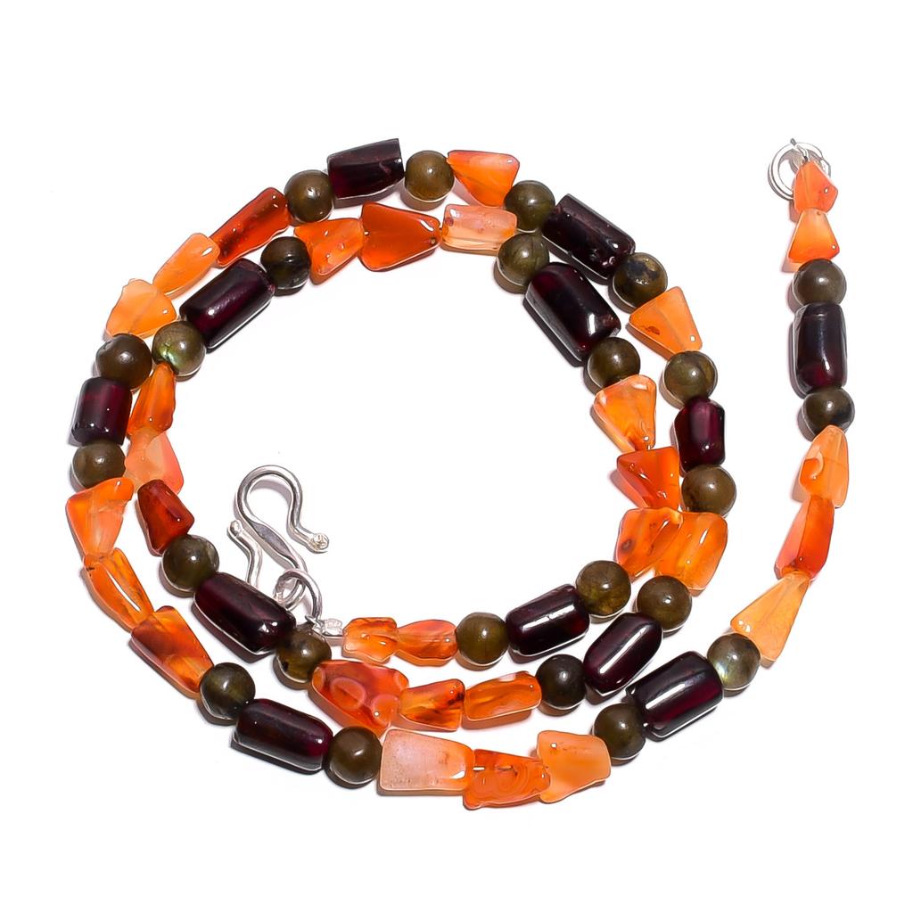 Natural Carnelian Labradorite Garnet Gemstone Smooth Beads Necklace 17" UB-4711 UB-4711