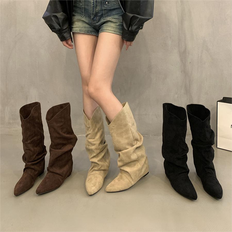 Inner height increase apricot suede pile medium tube knight boots women's shoes 2025 spring, autumn and winter pointed retro long boots