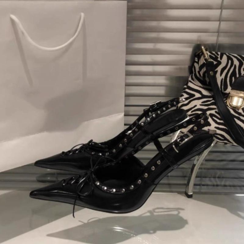 Shoes for Women Trend Pointed High Heel Shoes Strappy Bowknot Rivet Patent Leather Sandals Designer Womens Pumps Sandalias Mujer