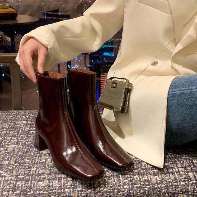 Grape Mom Burgundy French Genuine Leather Ankle Boots - Elegant, Square Toe, Thick Heel, Retro Style, Women's Fashion.