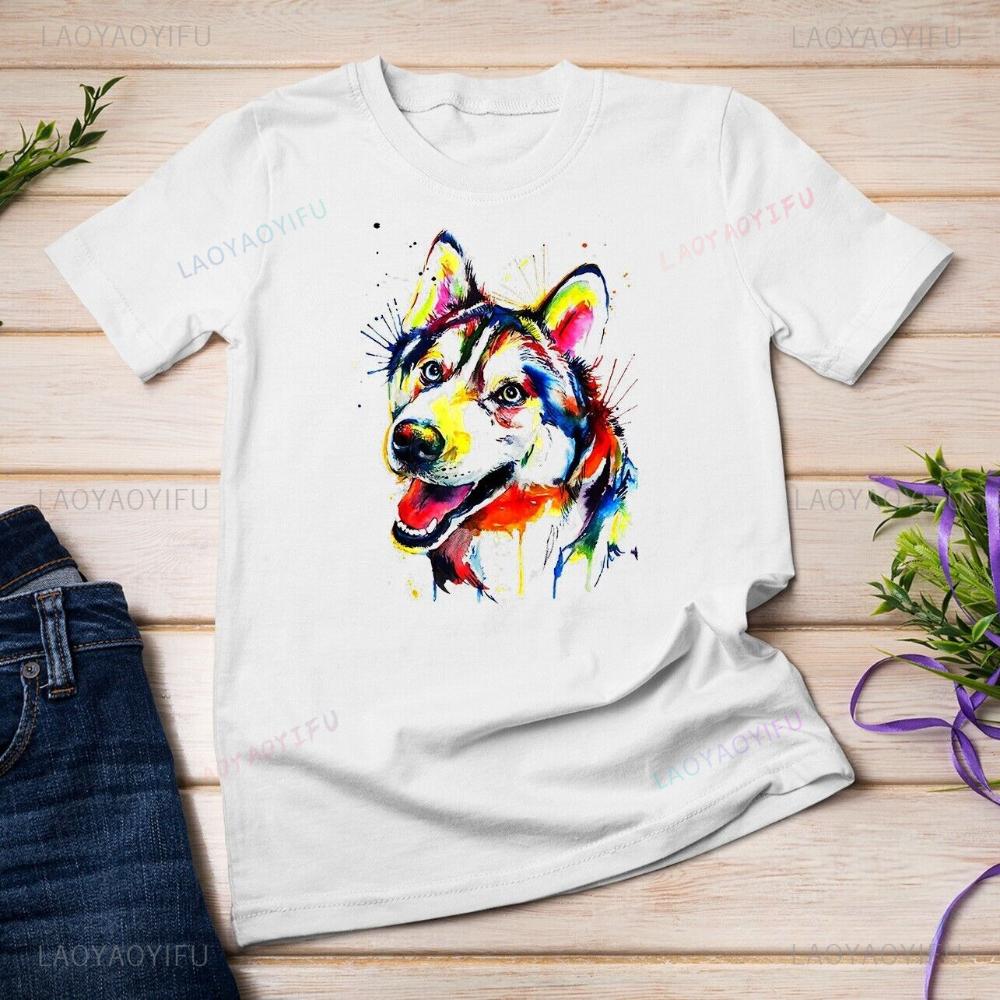 Colorful Siberian Husky Tops Tee Shirt Creative Color Husky Image Printed T Shirt Tops Unisex Unisex High Quality Cotton Summer Tee