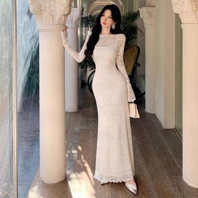 Δαντελένιο Φόρεμα με Μανίκια Καμπάνα, Υψηλής Ποιότητας Αίσθησης, Στενή Γραμμή και Σύσφιξη Μέσης, Μακρύ Φόρεμα