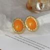 Retro Temperament Orange Yellow Oval Gold Color Cloud-patterned Trim Stud Earrings for Women Fashion Luxury Jewelry Accessories