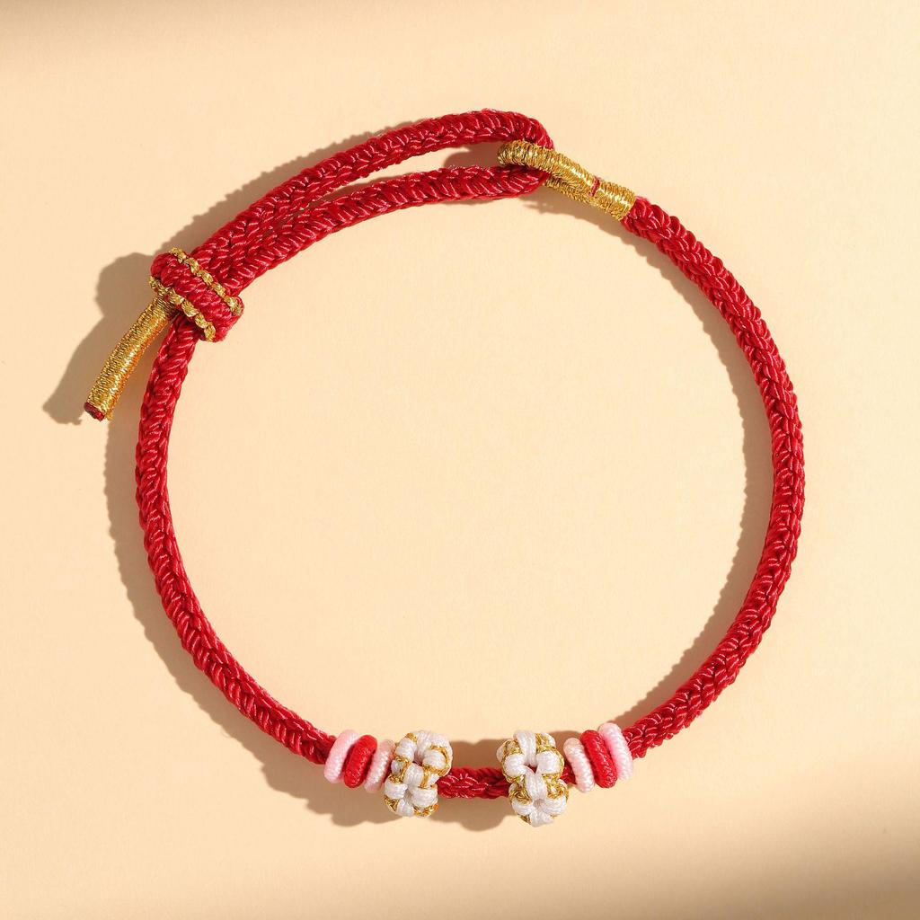 Handmade Peach Blossom & Lily of the Valley Knot Zodiac Bracelet – Red Rope for Men & Women, Bead-String DIY Semi-Finished.