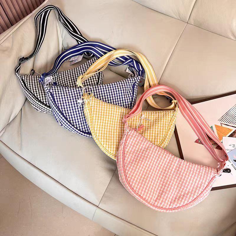 Casual Canvas Plaid Shoulder Bag Adjustable Strap Lightweight Nylon Crossbody Bag Hobo Bag Handbag Dumpling Ladies/Girls