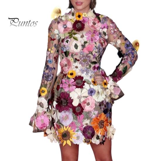 

Лето-весна женское платье Красочная цветочная вышивка Кружева Прозрачная сетка с длинными рукавами Slim Fit Оболочка с воротником-стойкой Пром-вечеринка для поездок на работу Мини-платье M абрикосовый