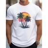 Men's Summer 100 Cotton Fashionable Casual Loose Fit Plus Size Sunset Coconut Tree Print Round Neck Short Sleeved T-shirt Top