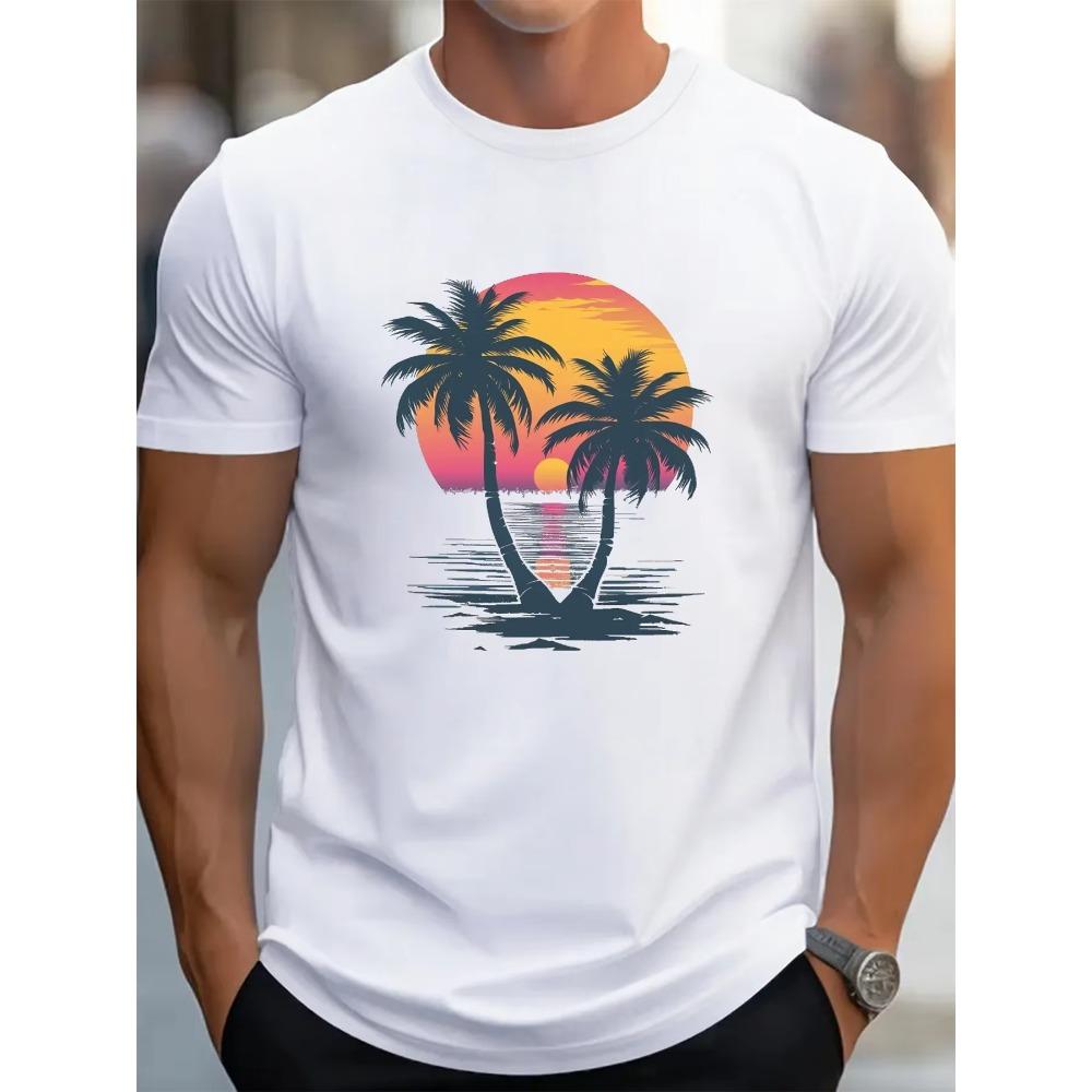 Men's Summer 100 Cotton Fashionable Casual Loose Fit Plus Size Sunset Coconut Tree Print Round Neck Short Sleeved T-shirt Top