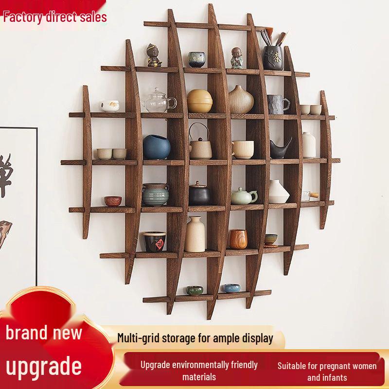 Chinese Solid Wood Wall-Mounted Teacup Rack - Antique Curio Shelf and Tea Set Display Stand