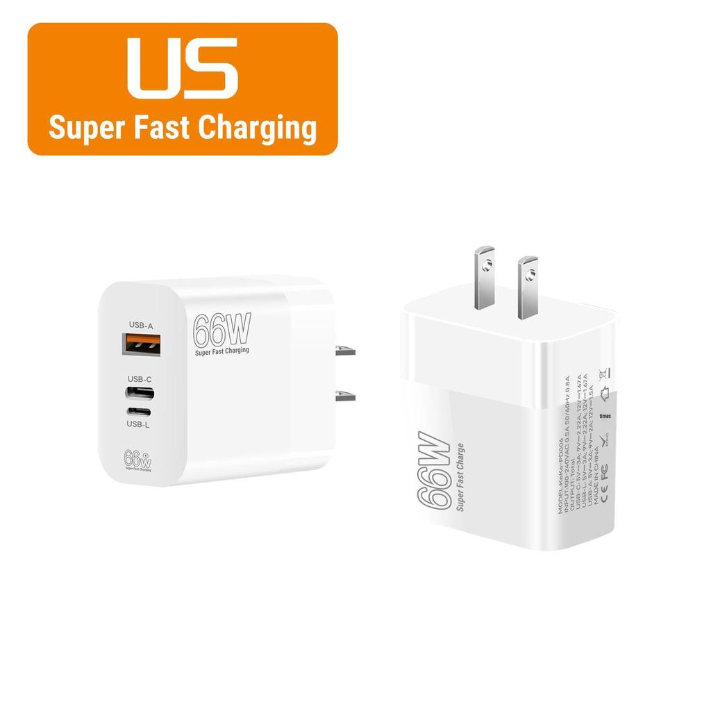 66W Ultra-Fast Charging Adapter with EU/US/UK Plug for Apple, Huawei, Xiaomi Phones