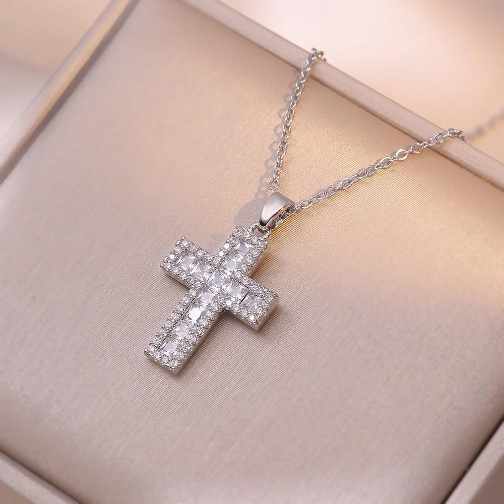 Damen Bunte Zirkon Kreuz Halskette - Nischendesign mit Voll-Diamant-Anhänger an Edelstahlkette