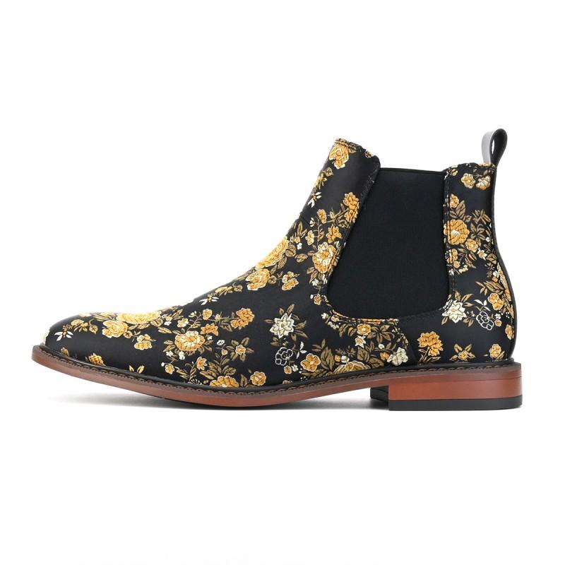 Mens Retro Embroidered Floral Chelsea Boots Casual Ankle Black - Leather