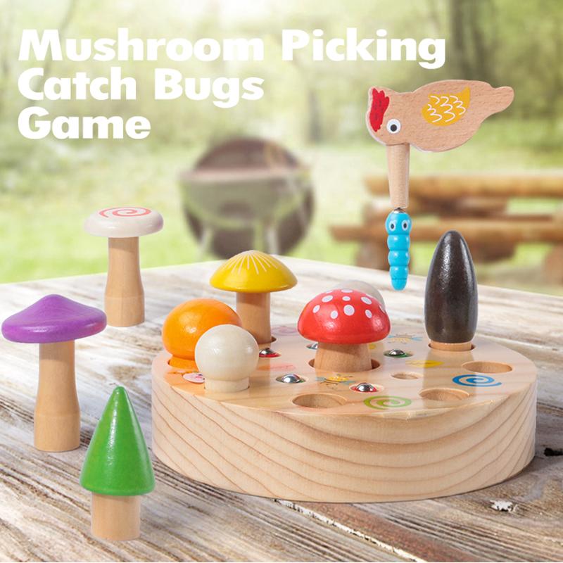 Baby Montessori Games Wooden Toys Picking Mushrooms Catching Bugs Board Early Educational Fine Motor Training Size Matching Game