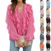 Women's V Neck Long Sleeve Blouse with Layered Ruffle Decoration Button Front Loose Fit Fashion Shirt Top for Casual Office Wear