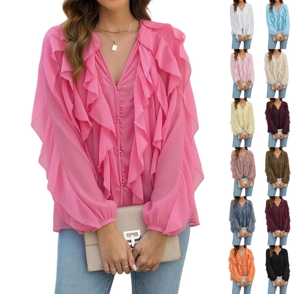 Women's V Neck Long Sleeve Blouse with Layered Ruffle Decoration Button Front Loose Fit Fashion Shirt Top for Casual Office Wear