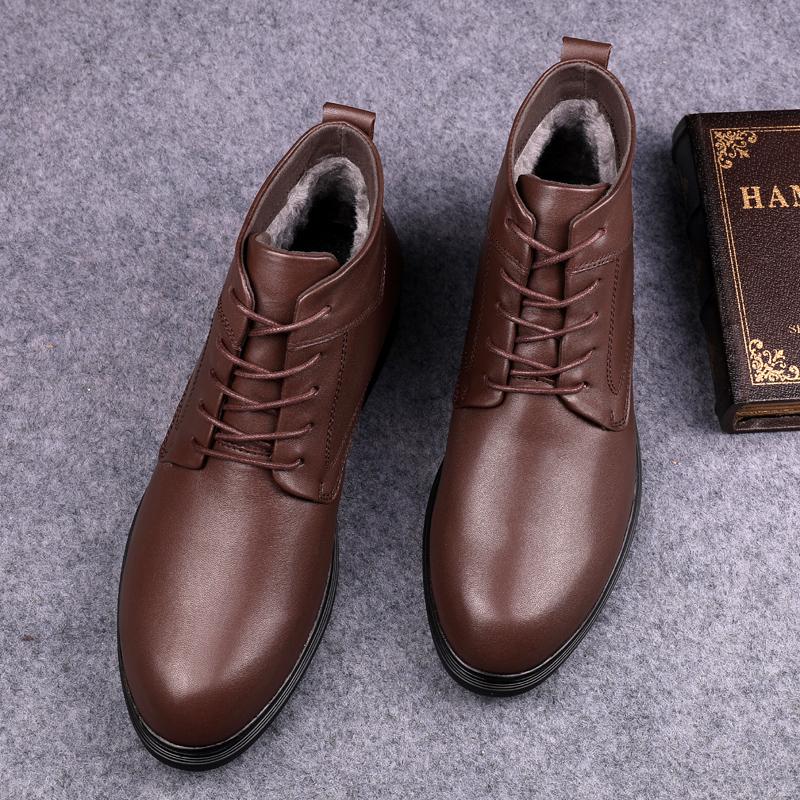 Fashion Handmade Mens Winter Plush Snow Boots Genuine Leather Ankle Boots for Men Leisure Walk Motocross Boots Versatile Walking Botas