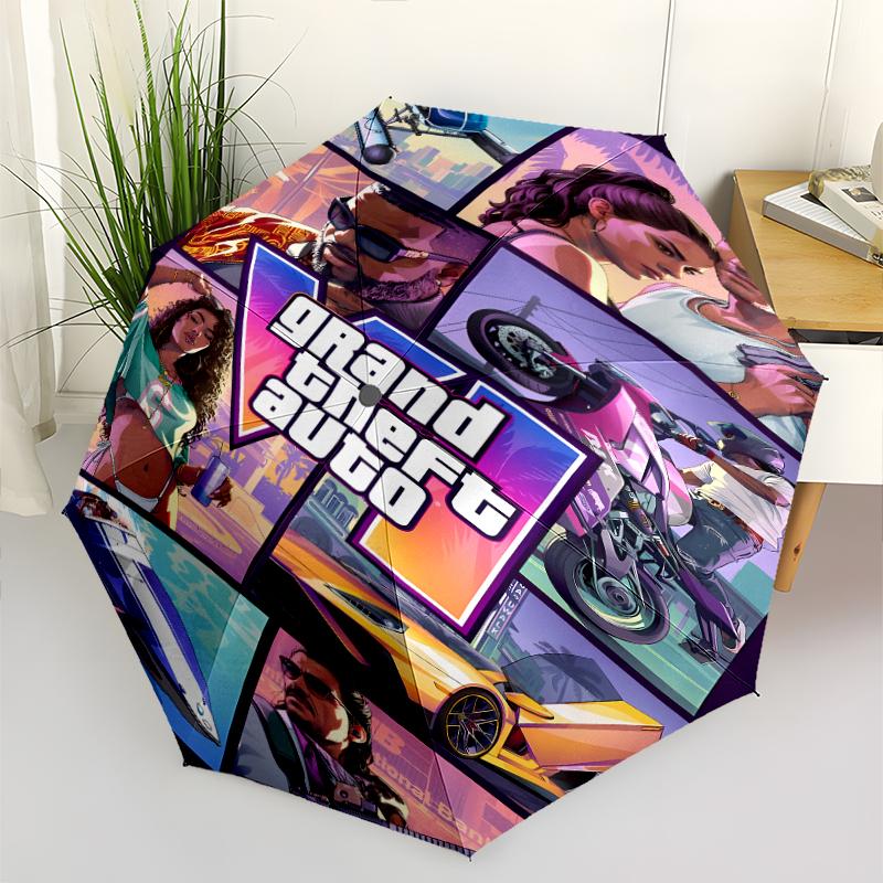 Game Grand Theft Auto Print Automatic Umbrella, 8 Rib Iron Frame, Plastic Handle, Suitable for Outdoor Travel &Daily , Ideal Gift