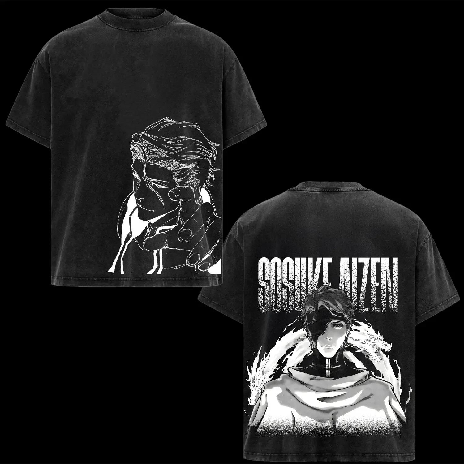 

BLEACH Ichigo Kurosaki Hollow Mask Double-Sided Washed T-Shirt Vintage Samurai Anime Black Oversized Casual Streetwear T-shirt XXXL