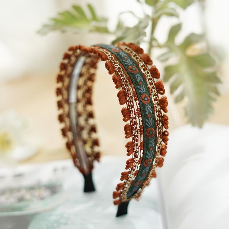 Nieuwe Boheemse Etnische Geborduurde Bloemen Hoofdbanden Volwassen Vrouwen Bloemig Geweven Kant Hoofdband Haaraccessoires brown