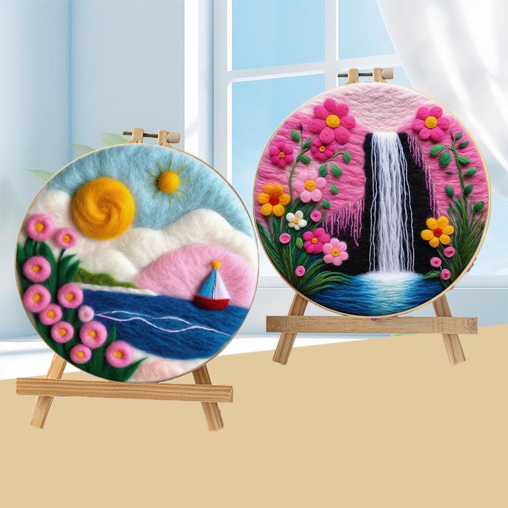 CHENISTORY 20x20cm Frame With Wool Felting Painting Kit Landscape Funny Diy Felt Crafts Package Felt Needle For Home Decoration