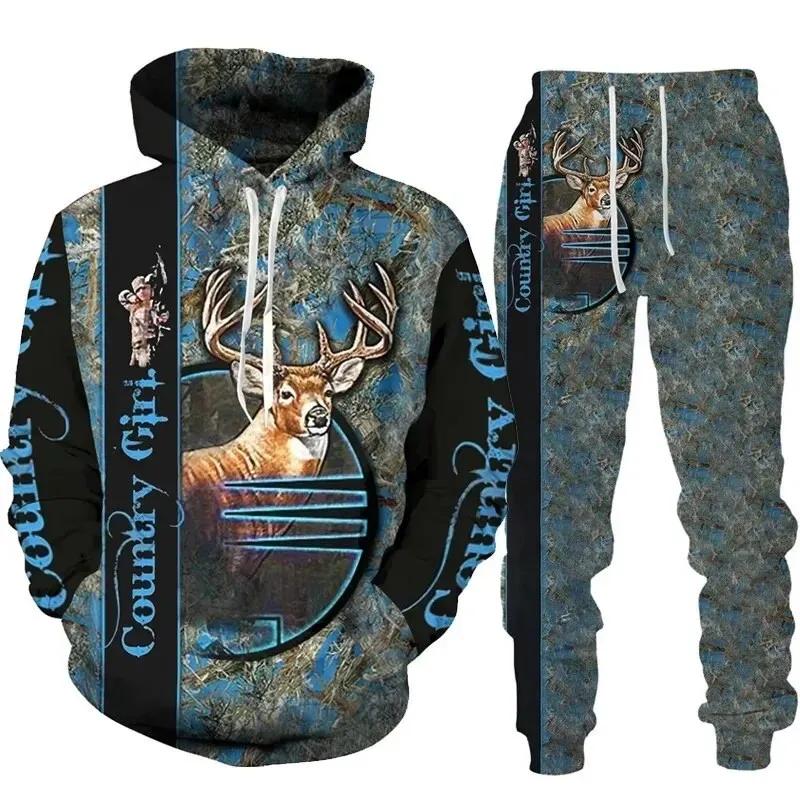 Man Woman Casual Hoodie+pants 2PCS Country Girl Deer Hunting 3D Print Tracksuit Set Set Fashion Camo Streetwear Pullover Clothes
