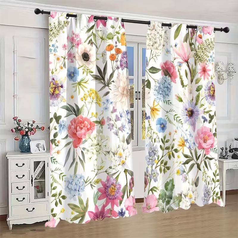 2 Pcs Leaves And Flowers Print Curtains,Suitable For Bedroom,Living Room Kitchen Decoration,Home Decoration,Window Decoration