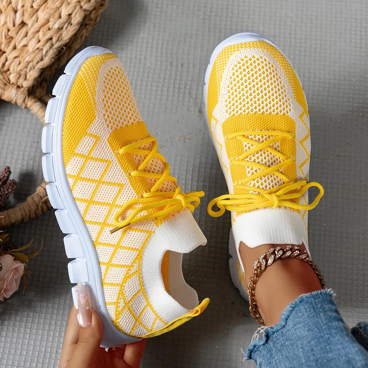 

Fashion Women s Fashion Strip Plaid Knitted Sneakers Soft Sole Breathable Mesh Running Shoes for Women Lightweight Slip On Tennis Shoes 36 жёлтый