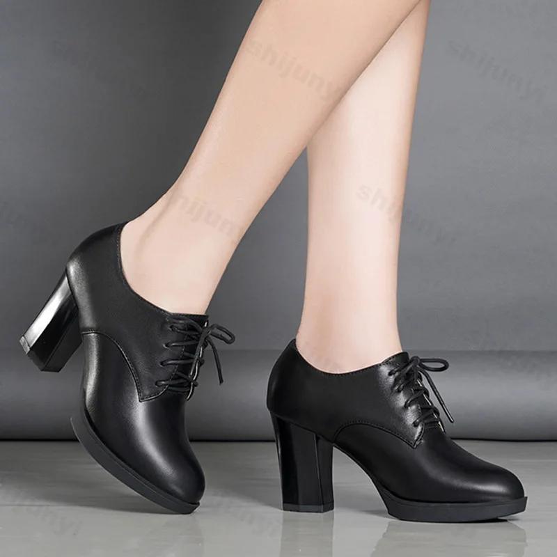 Neue Damen Pumps Schuhe PU Leder Elegant Spitz Zehenbereich Schnürung Dicke Hohe Absätze Flach Einfarbig Lässig Übergröße 43 Damenschuh