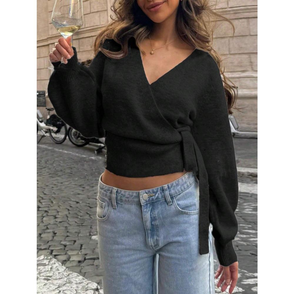 

European and American cross-neck V-neck base knit top, autumn and winter, irregular straps, elegant short top for women XL чорний