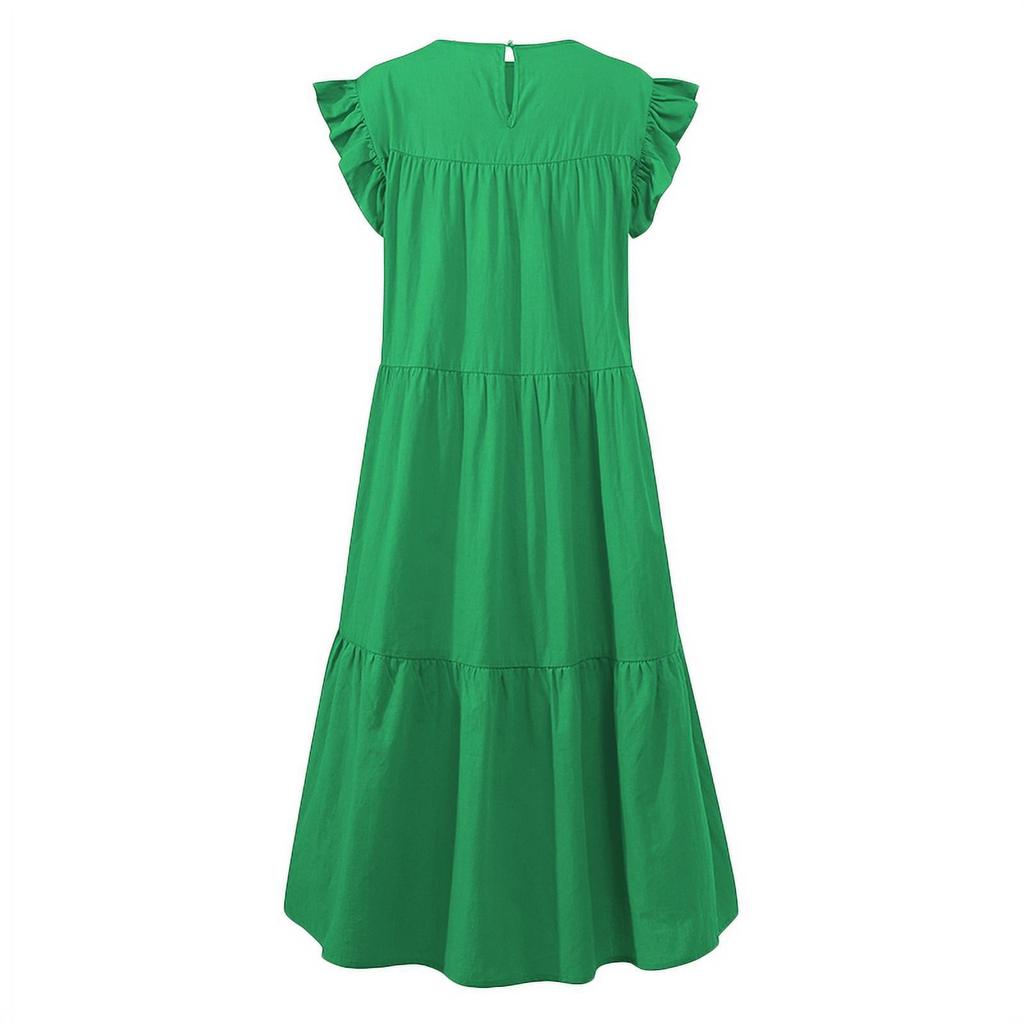 Women's Round Neck Casual Short Sleeve Ruffle-Trim Summer  Dresses