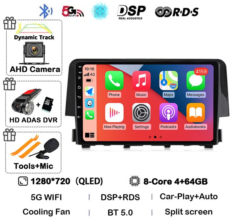 Android 14 Wireless Carplay Auto For Honda Civic 2016 2017 2018 2019 2020 Car Radio Stereo Multimedia Player GPS 4G+WIFI DSP