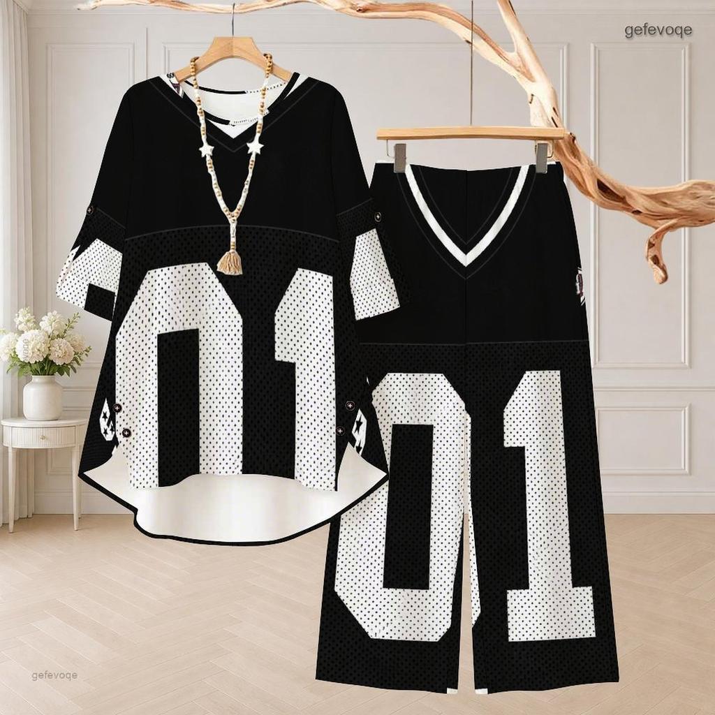 Women Plus Size Printed Two Piece Set Round Neck 3 4 Sleeve High Low Top And Wide Leg Pants