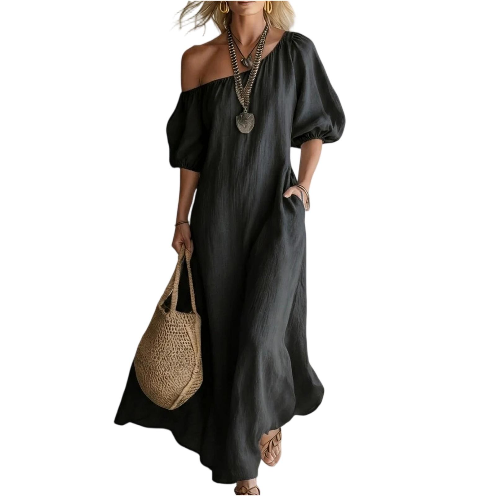 Ladies  Casual Loose Sloping Shoulder High-end Retro Long Dress L чёрный