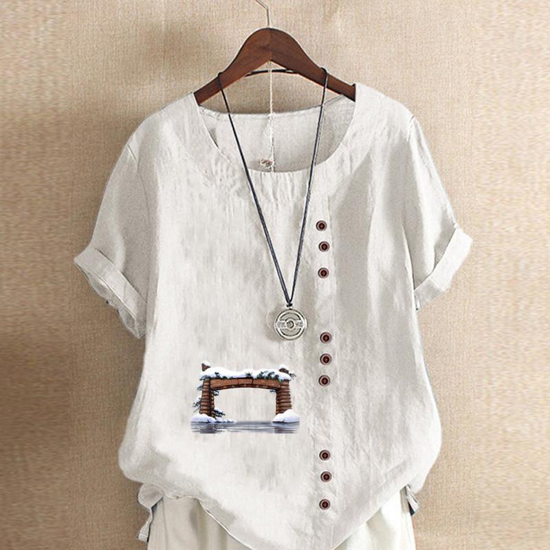 Women's Fashion Round Neck Short Sleeve T-shirt Casual Cotton Linen Graphic Shirt Leisure Loose Door Prined Summer Blouse Tops