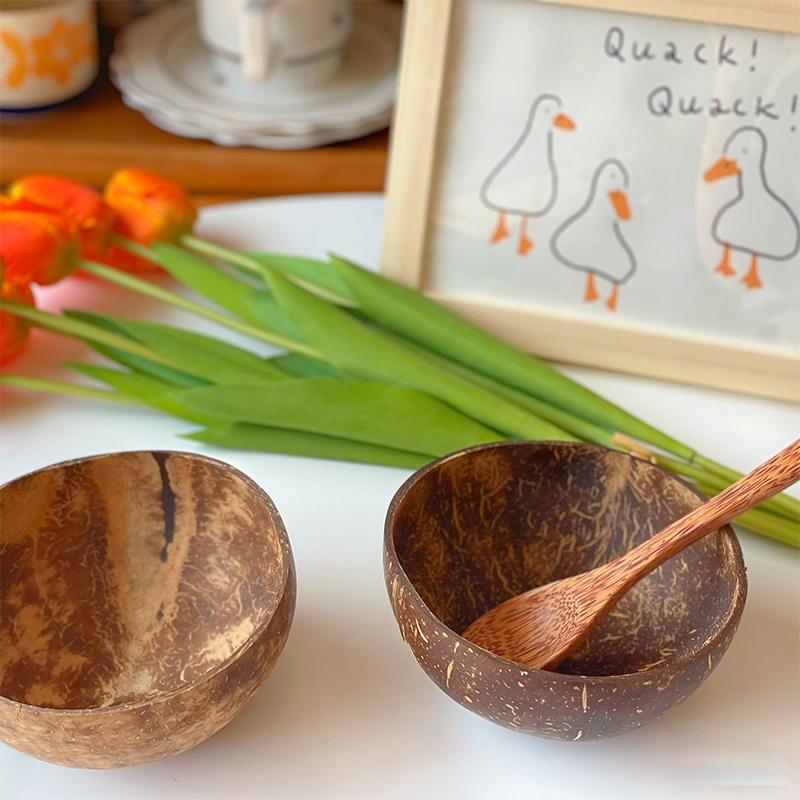 Natural Coconut Bowl Eating Tableware Fork Spoon For Wooden Handmade Coconut Bowls For Dessert Fruit Salad Mixing Rice