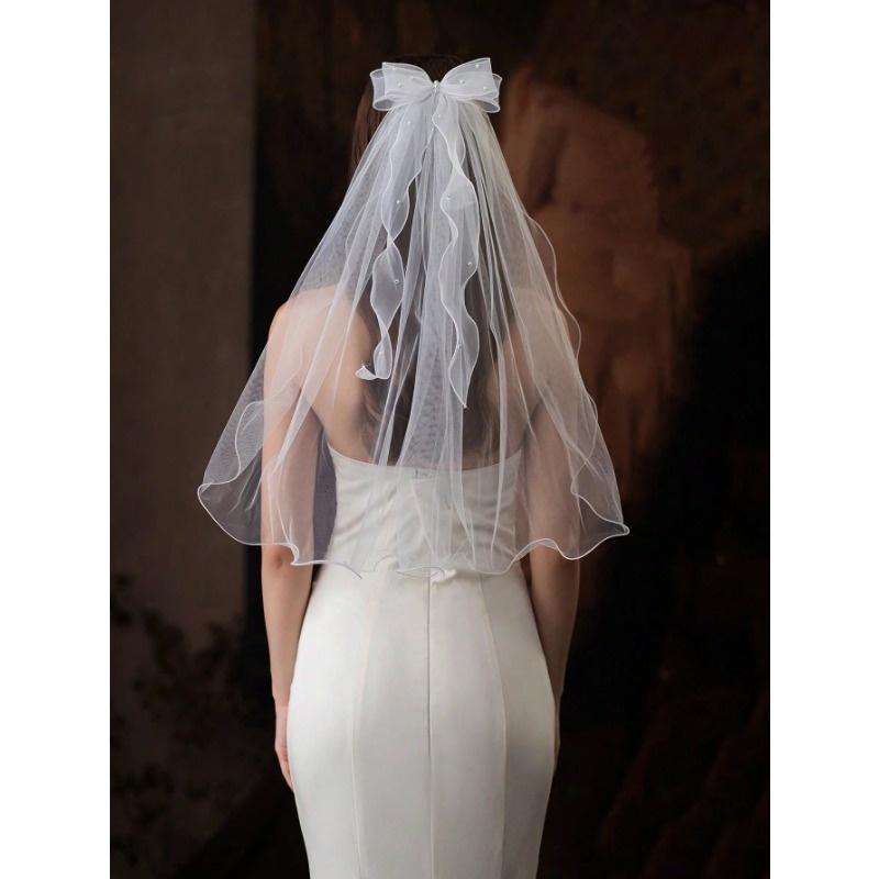 1pc Bow & Pearl Decor Bride Wedding Short Veil, Cute & Simple Edged Design