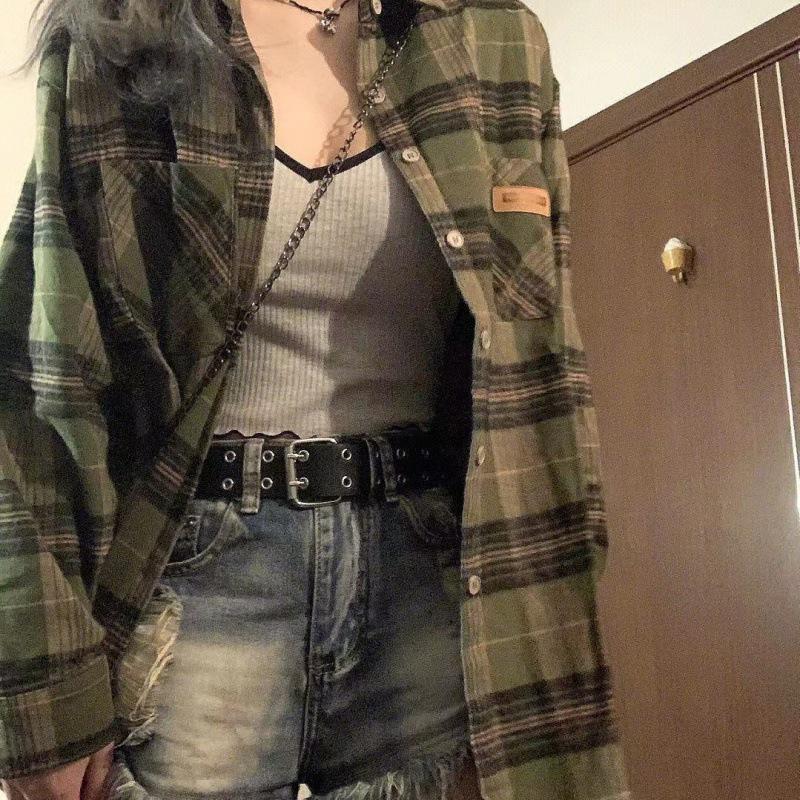 

Женская зеленая клетчатая рубашка - Повседневный свободный крой, Студенческий дизайн, Универсальная, Верхняя одежда в ленивом стиле. Large зеленый плед