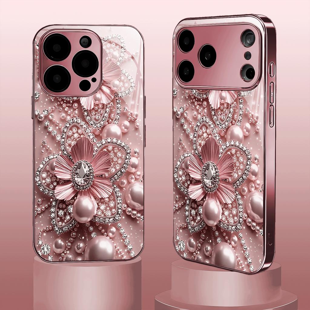 Glam Rose Gold Floral phone case for iphone 17 pro max cover Built-in glass for iPhone 17 16 15 14 13 12 pm Pro Plus