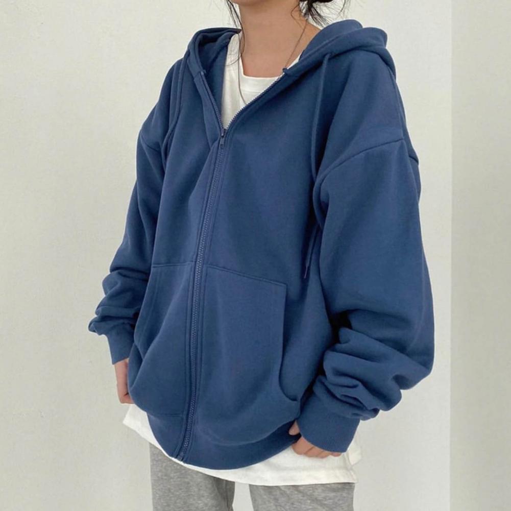 Women Winter Coat Zipper Closure Thick Hooded Long Sleeve Drawstring Loose Solid Color Pockets Elastic Cuff Lady Autumn Jacket