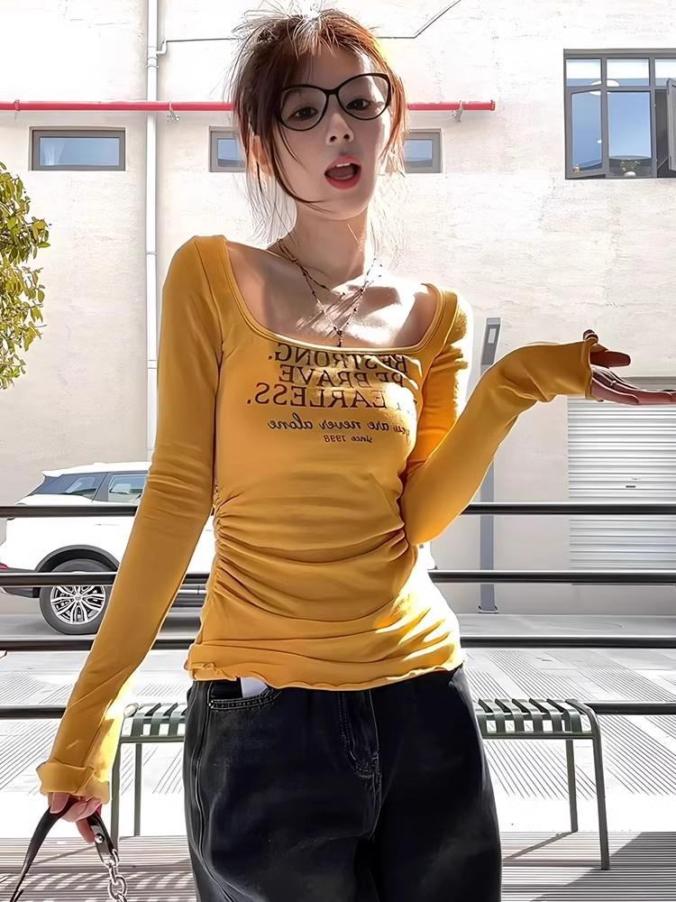 

Spring 2025 Spicy American Girl Yellow U-Neck Long Sleeve Sexy Retro Slimming T-Shirt XXL жёлтый