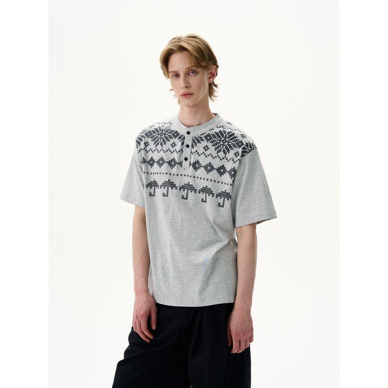 Kisko American Retro Fair Isle Henry Collar Casual Short-Sleeve T-Shirt for Men and Women, High-End Loose Summer Top, Trendy