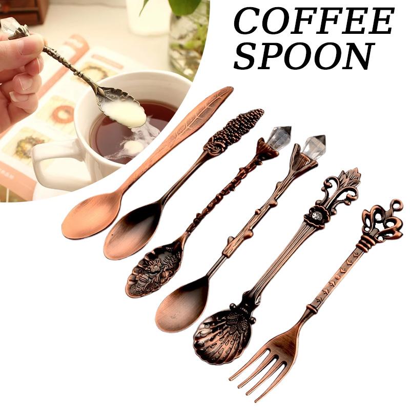 6pcs Vintage Spoons Fork Set Retro Coffee Spoons Plastic Crystal Carved Teaspoon Fruit Ice-Cream Cake Dessert Spoon Fork Cutlery